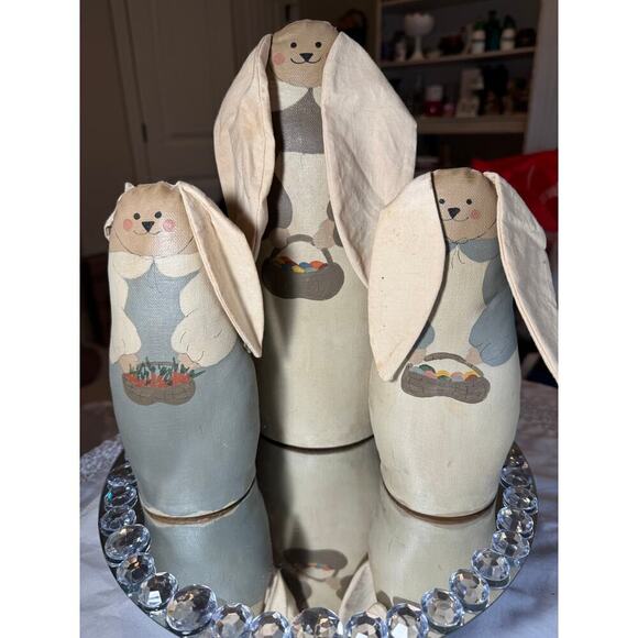 Hand Crafted Other - Handcrafted, Vintage Set of 3 Easter Bunnies. Handpainted fabric, wood bases'90